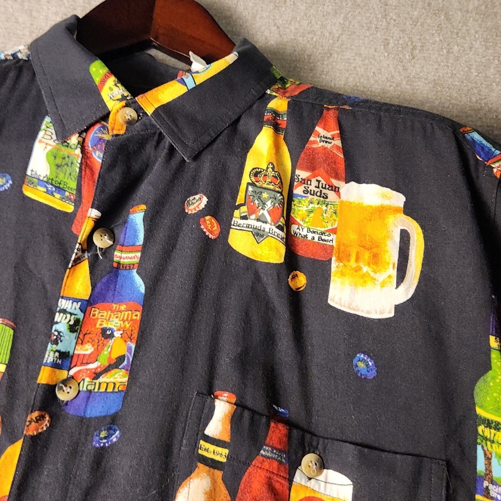 Weekender Beer Bottle Print Shirt Mens Black Multi Novelty Short Sleeve Button‎